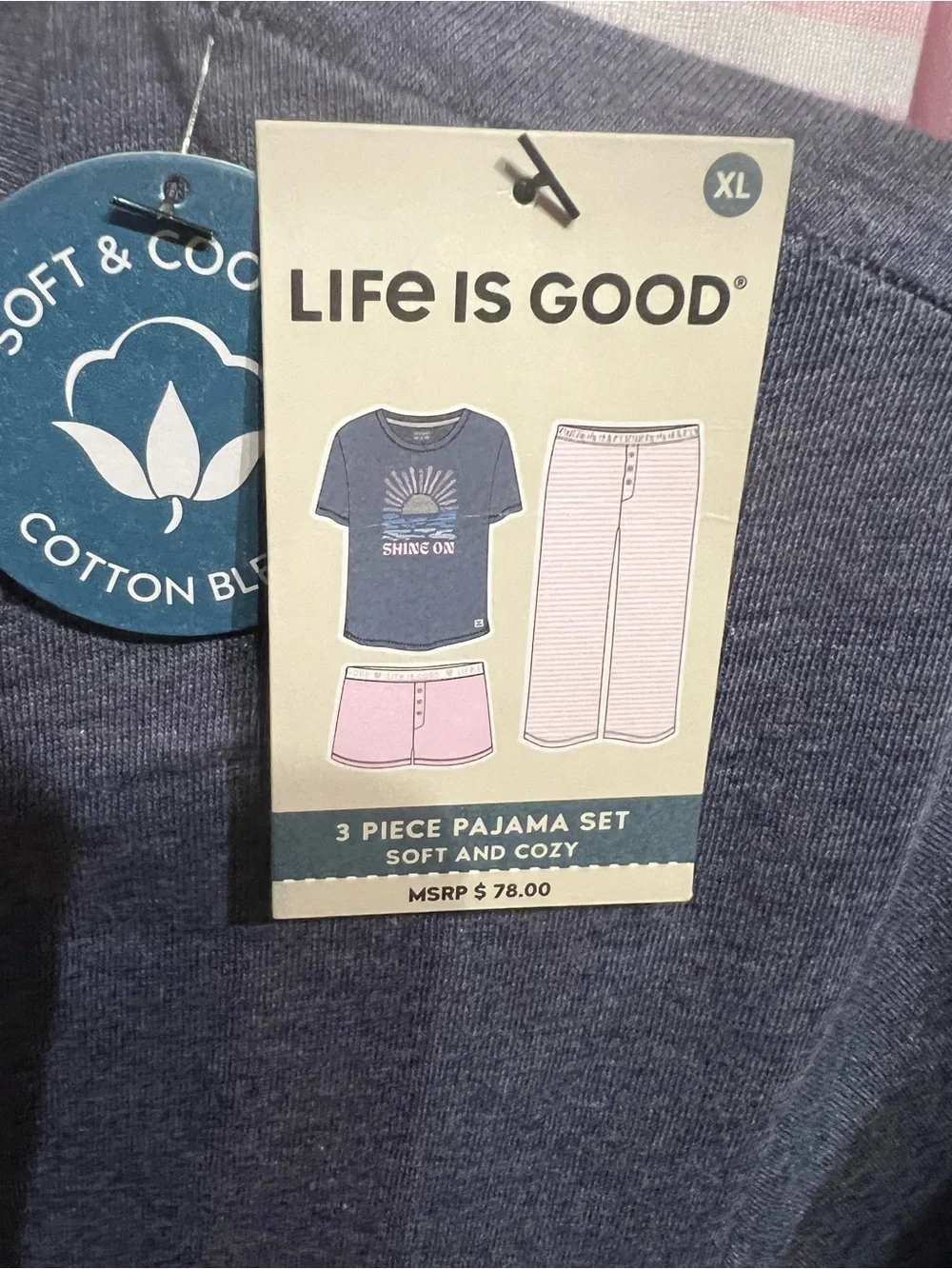 Life Is Good Women’s Navy Short Sleeve Tee with Pink Stripe 3 Piece Pajama Set
